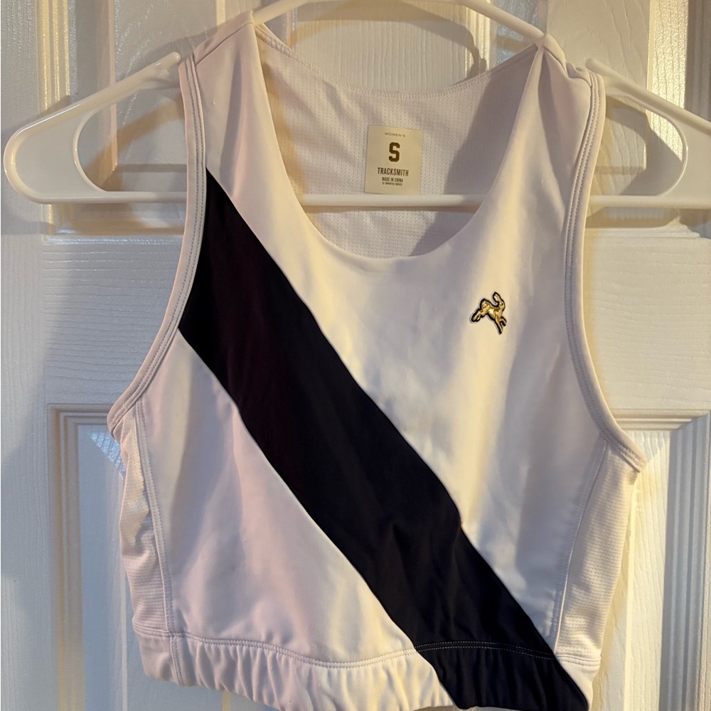 Tracksmith White and Black Fitted Crop Tank Top